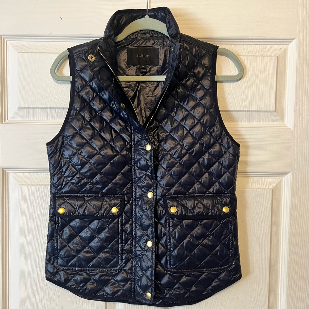 J. Crew Navy Quilted Vest with Gold Accents